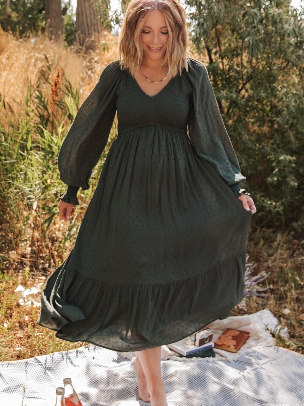 Baltic Born Lainey Smocked Dotted Midi Dress | Deep Olive Size SS